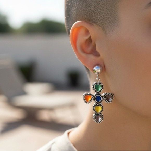 Multicolor Heart Cross Silver Tone Earrings - Picture 2 of 2